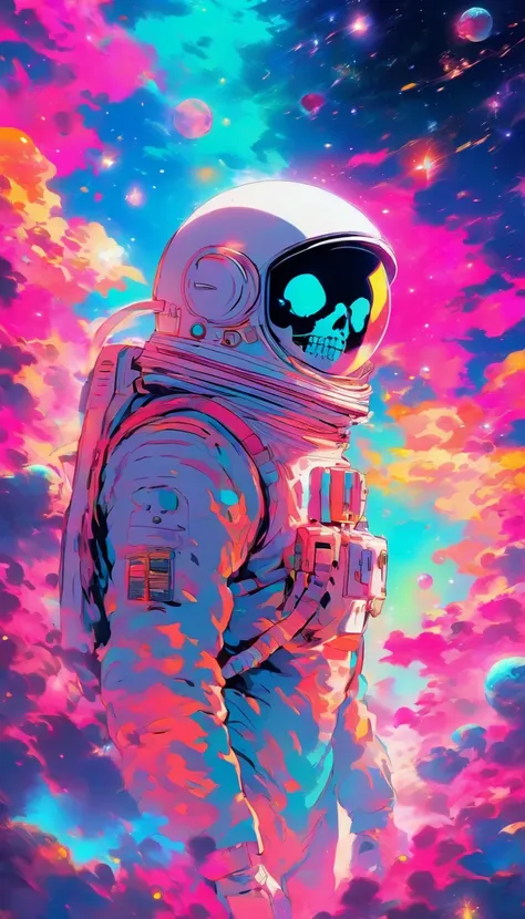 In the ethereal expanse of cosmic dust and vibrant hues, A lifeless astronaut drifts quietly in the void of space. The eerie sight of the skeleton face trapped in the helmet makes your spine shiver. Eerie stillness juxtaposes with vivid colors，Created a ha...