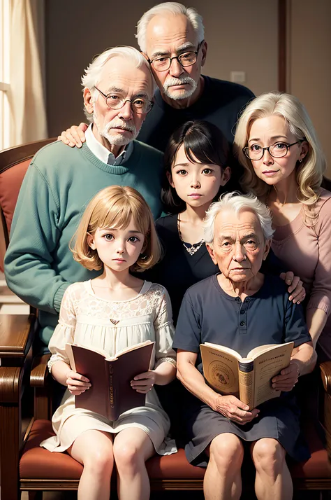 Family of readers, grandmother, grandfather, father, mother and children readers, sitting down for a family photograph