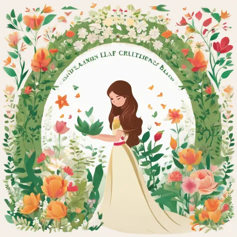 Super high quality 3D illustration, white background, a long brown hair cute and lovely girl is holding a pot of green pea plant, half body, standing in the middle is a colourful floral arch, the pot has heart label, many colourful flowers and green leaves...