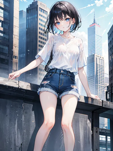 1girl , short black hair , blue eyes , white plain shirt , denim shorts , city , Absurdres , high Res , 8k , ultra sharp , masterpiece , looking at the viewer