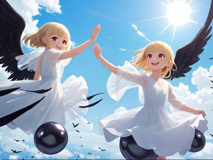 Blonde girl with black wings and black pearls in a white dress of crystal clear thin fabric,A smile、Reach out before you、Floating in the sky、 Shines