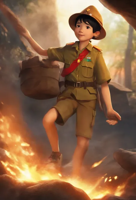 this is the animation picture,the boycome from viet about 13 years old stay center and wear scout costume,scout hat and go in reverse the big explosion