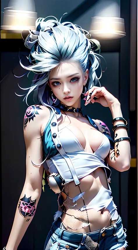 The prompts for the first theme are as follows:
"(Best Quality, 8K, 32K, masutepiece:1.3), Ultra-detailed, (Photorealistic:1.4), white colors, albino, Punk Girl, Detailed eyes, Upper body, Luxurious punk hair, Edgy punk fashion, Avant-garde makeup, Numerou...