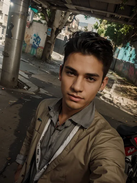 "Change background to urban street with graffiti, realistic face of a stylish and handsome boy."