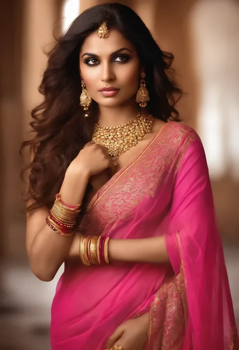 A brown skin  woman with long brown hair in a sari  pink and gold , visage innocent, evil face, digital art, beau visage attrayant, beautiful model girl, extremely beautiful face, very beautiful sexy girl, , beautiful girl model, photo of a beautiful woman...