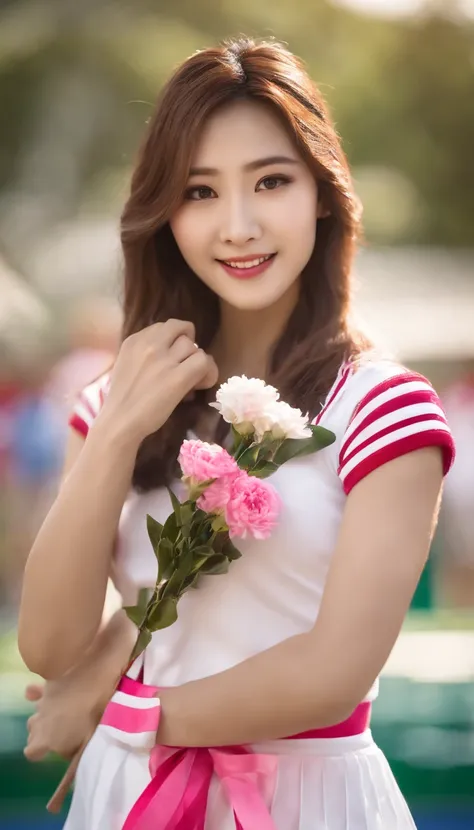 best quality,ultra-detailed,realistic,portrait,beautiful detailed face,longhair,female korean cheerleader, korean asian cheerleader,holding a cheerleading baton in her hand,in a garden with a pink carnation headband,white cheerleading uniform with a sleeve...