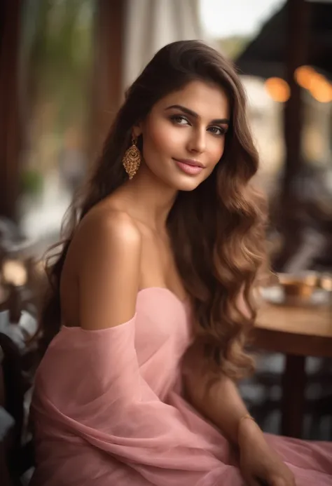 A lite brown skin woman with long brown hair in a sari pink and gold , visage innocent, soft face, in a cafe in Paris  beau visage attrayant, beautiful model girl, extremely beautiful face, very beautiful sexy girl, , beautiful girl model, photo of a beaut...