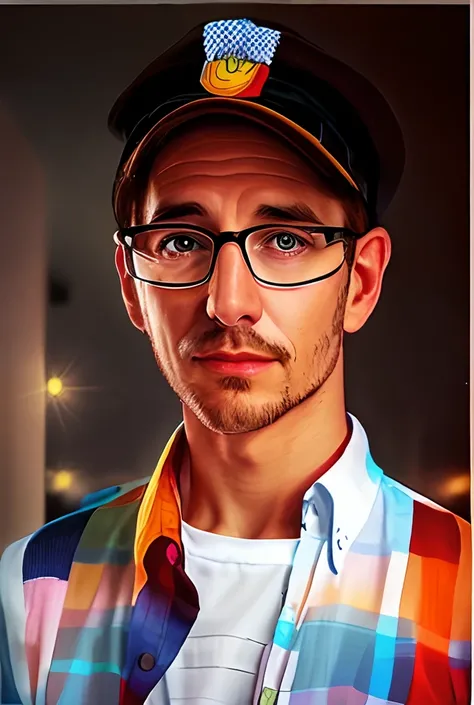 there is a man wearing a hat and glasses and a shirt, realistic portrait photo, high quality portrait, photorealistic portrait, photo realistic portrait, photo-realistic face, nerdy man character portrait, inspired by Dietmar Damerau, detailed portrait, ph...