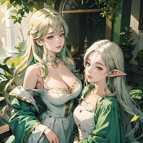 Women in Their 20s, 2 females:2.0、offcial art, unity 8k wall paper, ultra-detailliert, beautifly、Aesthetic, ​masterpiece, top-quality, Photorealsitic, Female High Elves、highelf、Dark green eyes、White hair、snow-white hair、Braids:2.0、Pointed ears、Green Costum...