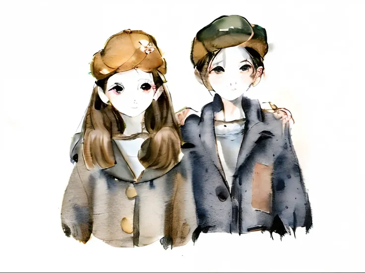 There were two people standing together wearing hats, Boy and girl, children illustration, beautiful painting of friends, KIDS ILLUSTRATION, 2 people, author：Veronica Ruiz de Velasco, author：Dora Kreshters, Watercolor illustration style, Childrens illustra...