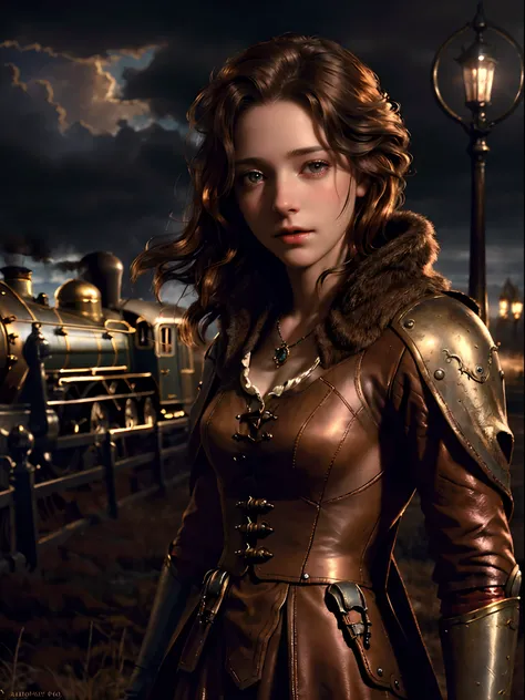 Masterpiece, Realistic, Photorealistic, Ultra Detailed, 8K, RAW photo, Depth of field, Realistic light, cinematic composition, skyscape with clouds,  nightfall, Depth of field, 35 mm, Soft steampunk aesthetic, Kate Walker, in small european town in 1910, f...