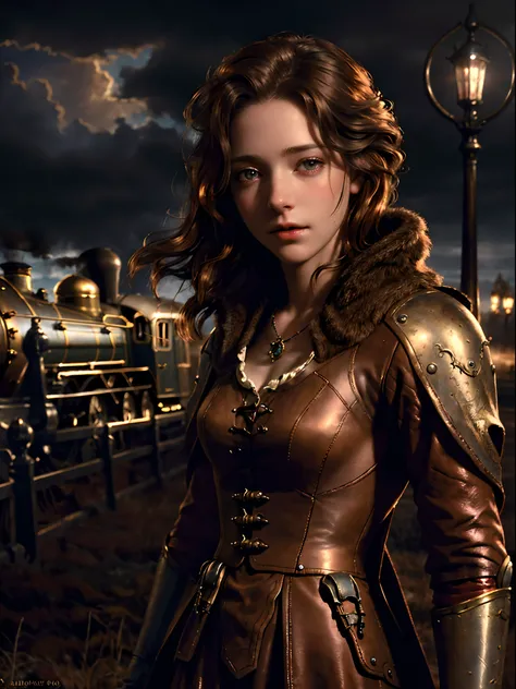 Masterpiece, Realistic, Photorealistic, Ultra Detailed, 8K, RAW photo, Depth of field, Realistic light, cinematic composition, skyscape with clouds,  nightfall, Depth of field, 35 mm, Soft steampunk aesthetic, Kate Walker, in small european town in 1910, f...