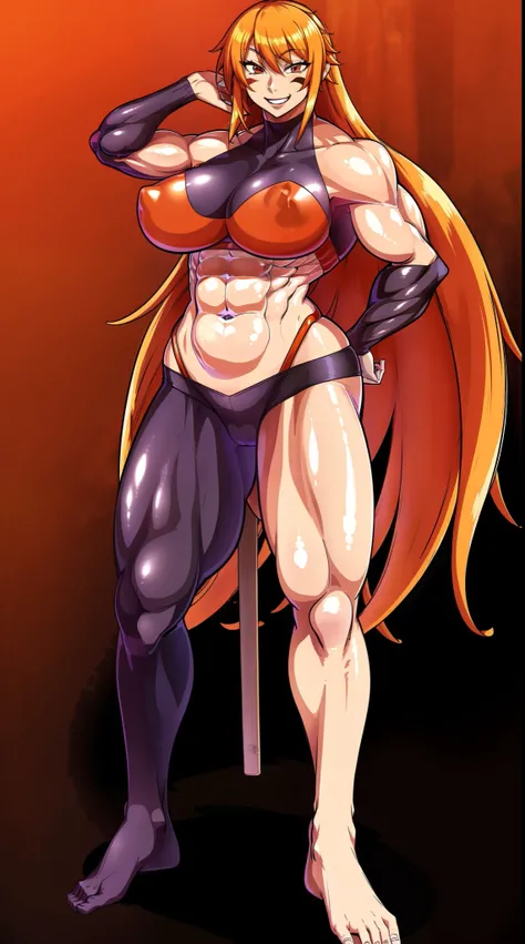 fuuma kotarou, red eyes, face mark, body mark, long hair, orange hair, muscular female, abs, smile, full body, oil painting, vibrant colors, soft lighting, best quality, ultra-detailed, , portraits, warm color tone, full body, standing, feet, crazy smile,