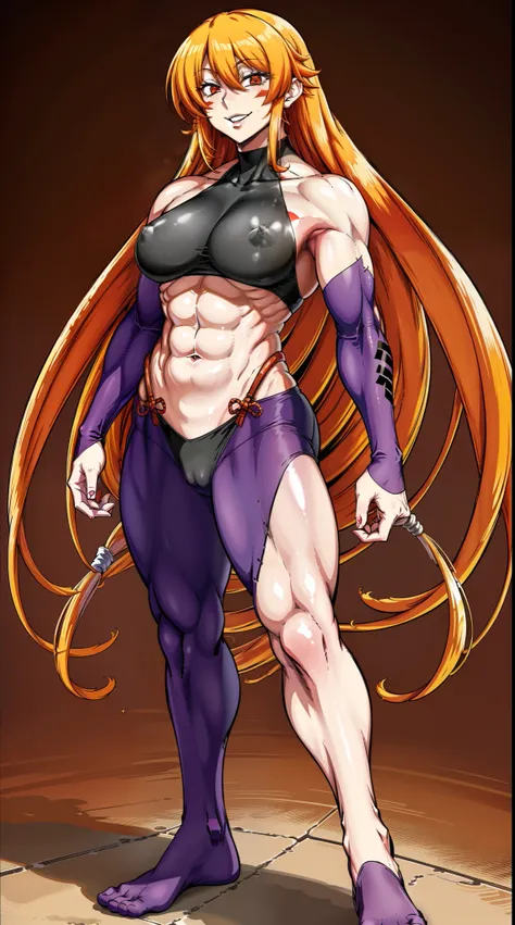 fuuma kotarou, red eyes, face mark, body mark, long hair, orange hair, muscular female, abs, smile, full body, oil painting, vibrant colors, soft lighting, best quality, ultra-detailed, , portraits, warm color tone, full body, standing, feet, crazy smile,