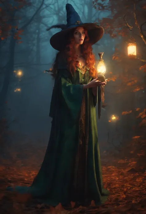 girl in a dark forest,best quality,detailed face and eyes,long hair,fantastically spooky atmosphere,mysterious shadows,colorful mystical lights,witches flying on broomsticks,creepy old haunted house,magic potions and cauldrons,moonlit night,spooky fog,ench...