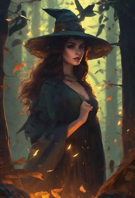 girl in a dark forest,best quality,detailed face and eyes,long hair,fantastically spooky atmosphere,mysterious shadows,colorful mystical lights,witches flying on broomsticks,creepy old haunted house,magic potions and cauldrons,moonlit night,spooky fog,ench...