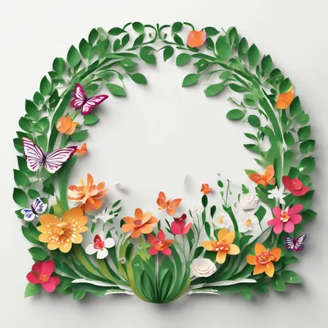 Super high quality, 2D illustration, white background, floral arch, a pot of green pea plant in the middle is a colourful floral arch, the pot has heart label, many colourful flowers and green leaves, flying butterflies.