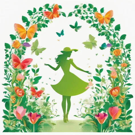 Super high quality, 2D illustration, white background, floral arch, a pot of green pea plant in the middle is a colourful floral arch, the pot has heart label, many colourful flowers and green leaves, flying butterflies.