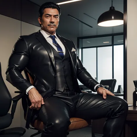 50 years old,daddy,shiny suit ,dad sat on a chair,k hd,in the office,big muscle, gay ,black hair,asia face,masculine,strong man,...