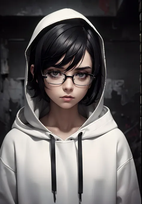 (very short black hair,square glasses,white sweater,hood,drug addict), illustrations, urban decay, abandoned building, graffiti, gloomy atmosphere, dim lighting, intense emotions, gritty texture, high contrast, desaturated colors. (best quality,ultra-detai...