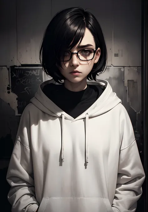 (very short black hair,square glasses,white sweater,hood,drug addict), illustrations, urban decay, abandoned building, graffiti, gloomy atmosphere, dim lighting, intense emotions, gritty texture, high contrast, desaturated colors. (best quality,ultra-detai...