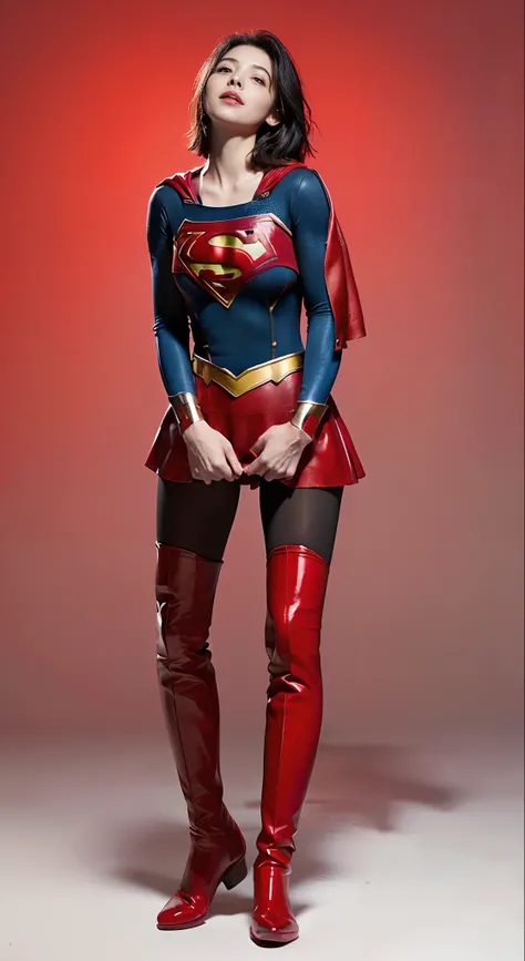 distressed look、My crotch hurts、Suffering、Done、defeated、Defeated by enemies、(((Wear black tights on your beautiful legs.)))、(((beauty legs)))、(((facial expression of smile)))、((((Make the most of the original image)))、(((Supergirl Costume)))、(((Beautiful s...