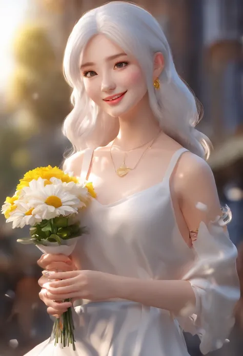 masutepiece, Best Quality, 1girl in, White hair, Smiling, Looking at Viewer, Adult, Fully mature, holding flowers