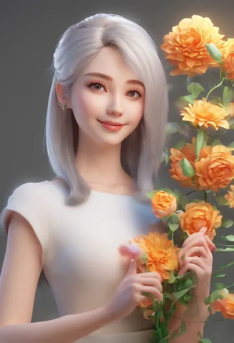 masutepiece, Best Quality, 1girl in, White hair, Smiling, Looking at Viewer, Adult, Fully mature, holding flowers