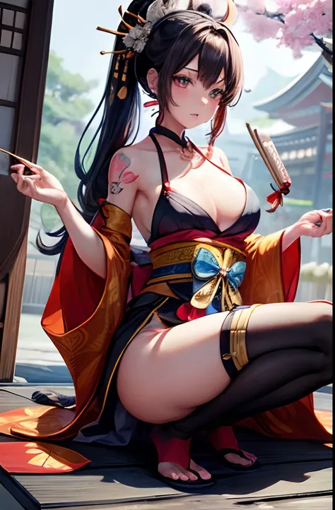 ​masterpiece、best、Hi-Res、1 female、A dark-haired、Medium Hair、Asymmetrical hair、Floating hair、blindfolds、High Ponytail、side locks、hair adornments、Fish hair ornament、tassels、Kanzashi、bangss、light blue  eyes、Beginning、ssmile, tusk, Only the upper teeth, a chok...