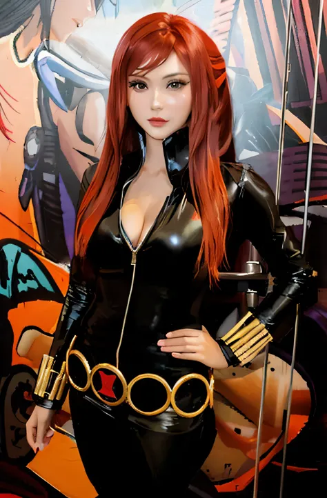 The image features a woman with long red hair, confidently posing in what appears to be a Black Widow costume, presumably from the world of Marvel Comics. She is standing in front of a wall adorned with artwork. The costume, primarily black and fitted tigh...