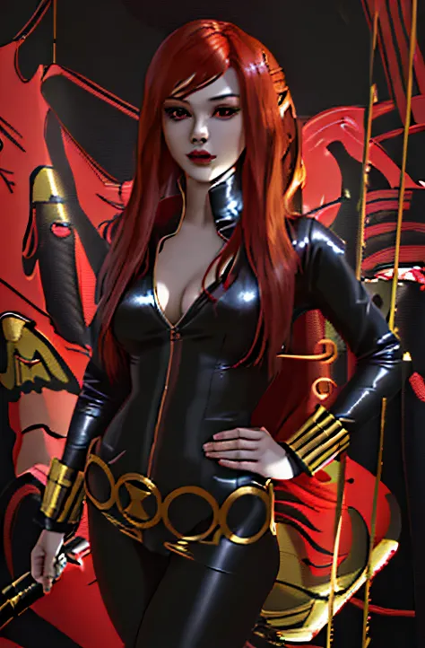 The image features a woman with long red hair, confidently posing in what appears to be a Black Widow costume, presumably from the world of Marvel Comics. She is standing in front of a wall adorned with artwork. The costume, primarily black and fitted tigh...