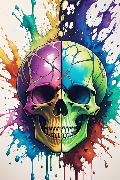 Colored pencil drawing a skeleton brain.，Paint splashed on it，Paint drips down，Splash style, hyper HD, aquarelle, Bright and attractive color options, Intricate, stands out, Original,