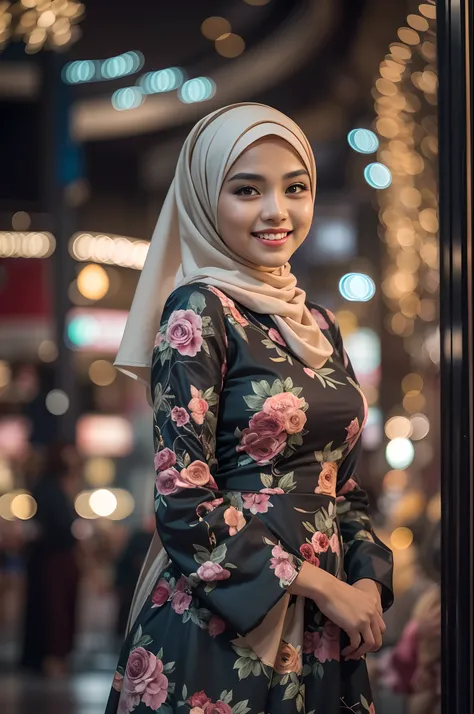 Portrait photography of a beautiful young malay girl in hijab wearing Square Neck Bow Front Floral Jacquard Dress , catwalk, nighttime, crowded mall background, bright lighting, smile and happy gesture, small abs, wide hips, thick thighs, small abs, petite...