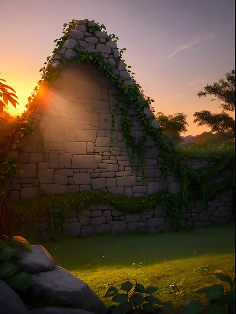 photograph realistic, Hot dense jungle, It is difficult to see the bones of the human skeleton trapped in vines on the stone wall, Lost treasures, Cinematic lighting, Sunset,