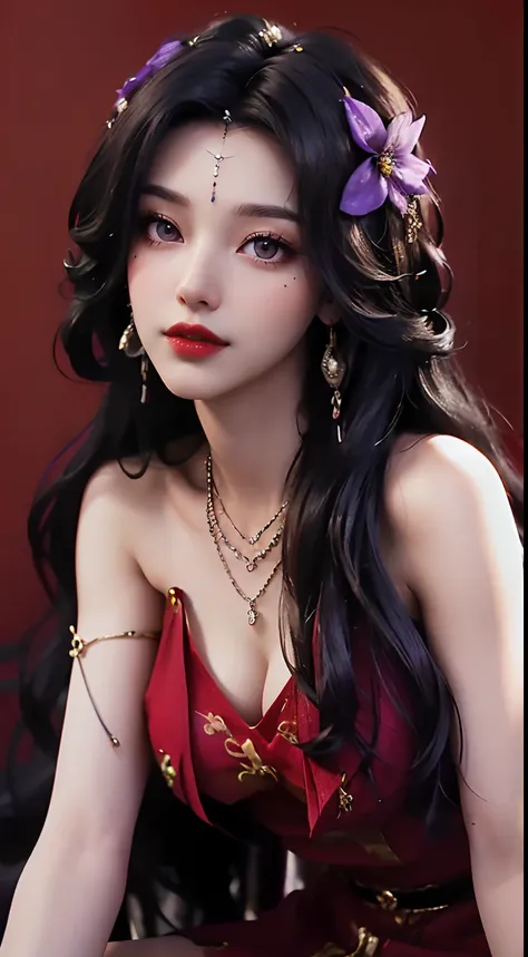 1 beautiful and sexy 20 year old girl, ((wearing a super thin red dress:1.6)), dress with diamonds, ((long purple-black hair:1.6)), bangs, elaborate jewelry made from stones noble and beautiful hair, ((wearing a black lace necklace:1.4))), noble, noble sty...