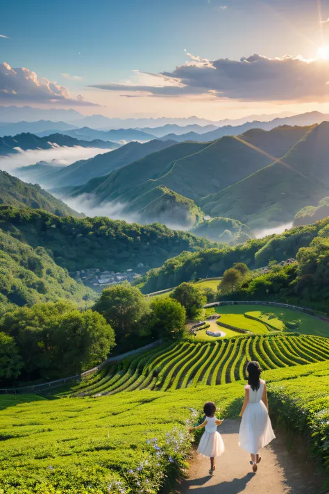 Depict a kind of name"Lushan cloud tea"Tea packaging design，The face is set against the backdrop of Lushan Mountain。It is an awe-inspiring mountain of nature，Rolling hills，Verdant。The mountains are full of clouds，Its like a fairyland。in the early morning，W...