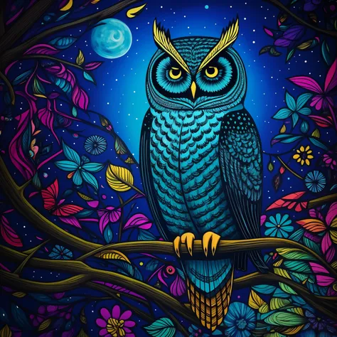 the owl, night bird, psychedelic art