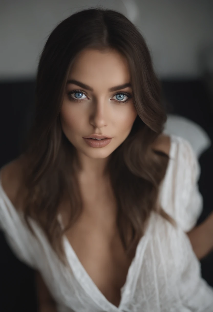 Sexy girl with blue eyes, she is naked, portrait sophie mudd, Portrait of Corinna Kopf, dark hair and big eyes, selfie of a young woman, Eyes in the bedroom, violet myers, without Макияж, natural makeup, looking straight at camera, face with artgram, dezen...