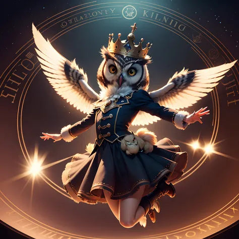 (a tiny owl : put crown on head, is flying, dynamic pose), (a dictionary:1.2), at night, magic circle, 8K, masterpiece, top quality, perfect shading, scenery, wide shot, dynamic angle, in Victorian city