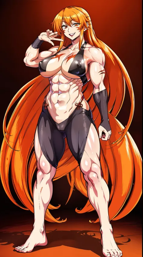 fuuma kotarou, red eyes, face mark, body mark, long hair, orange hair, muscular female, abs, smile, full body, oil painting, vibrant colors, soft lighting, best quality, ultra-detailed, , portraits, warm color tone, full body, standing, feet, crazy smile,