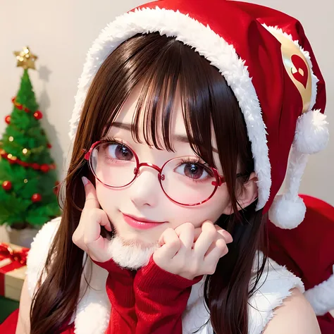 Woman in Santa Claus clothes、Bewitching woman、Age is in his 20s、Beard like Kaisers beard、Round glasses with only a frame、Smiling happily、cheeks are reddish、Wearing a red miniskirt、Fir tree with lots of decorations on the background、