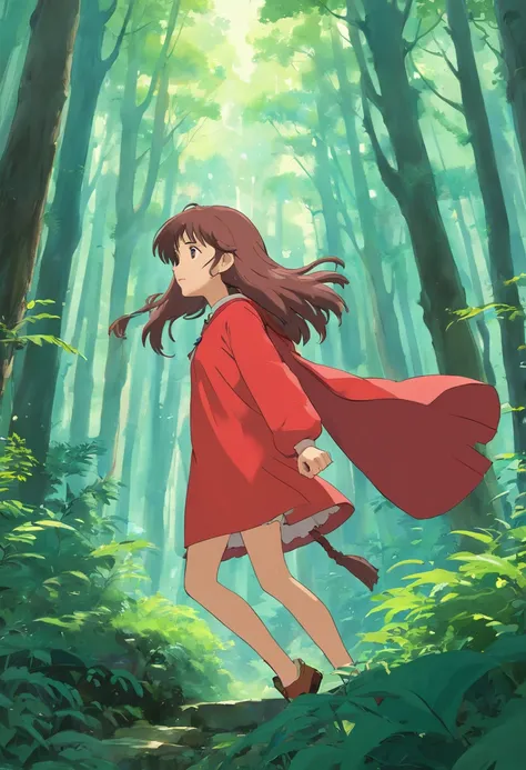 in a dense forest, il fait sombre, il pleut. Fille de profil, red clothing, Hair and clothes blowing in the wind