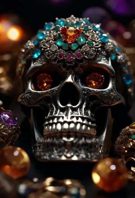 (Colorful magic), (Grim), Magical skulls among gemstones, Focus on the ring ,(Intricate details), (ultra - detailed), 16K HD, high detal, A lot of detail, High quality, Soft cinematic light, Dramatic atmosphere, Atmospheric perspective