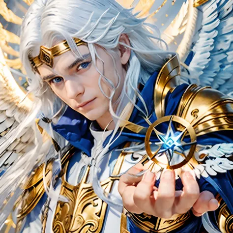 Homem de dezoito anos, meio druida anjo com longos cabelos brancos, blue eyes and white armor with gold accents and in his hands he is manipulating the four elements