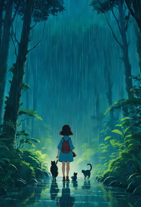 rain, dark forest. a girl with a cat. very dark