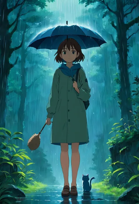 rain, dark forest. a girl with a cat. very dark