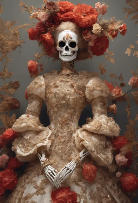 Skeleton stands together in flowers and Rococo-style costumes, intricate skeletal decorations, made of dried flowers, saint skeleton queen, hone onna skeleton geisha, Made of a complex skeleton, Victoria Day of the Dead, hauntingly beautiful art, (( Jour d...