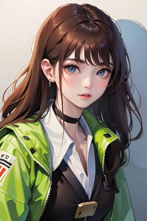 Works of masters，Best image quality，超高分辨率，8K分辨率，Realistic portraits，Exquisite facial features，s the perfect face，Girl，solo person，fireman，ssmile，mid hair，brunette color hair，Wave head，eardrop，Collar，Combat boots，are standing，Facing the viewer，城市，aerodrome