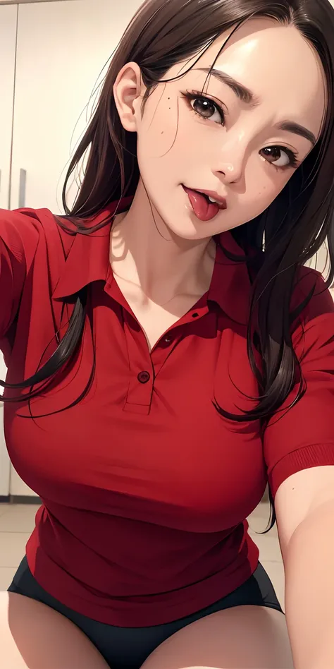 realisticlying、45-year-old girl、selfee、Wearing a red polo shirt，Face enhancement，Chest super large zoom，Cleavage emphasis，Looking up from the bottom，Blackening of hair，Eyes are brown、darkens the skin，African、Blushing，Red lips，A sexy，Bed sit，stick out your ...