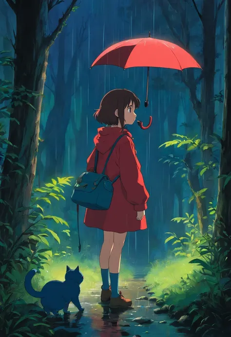 pluie, dark forest, une fille de profil, red clothing, avec un chat. very dark, highly quality